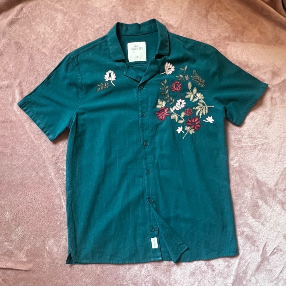 Hollister Teal Shirt with Floral Embroidery